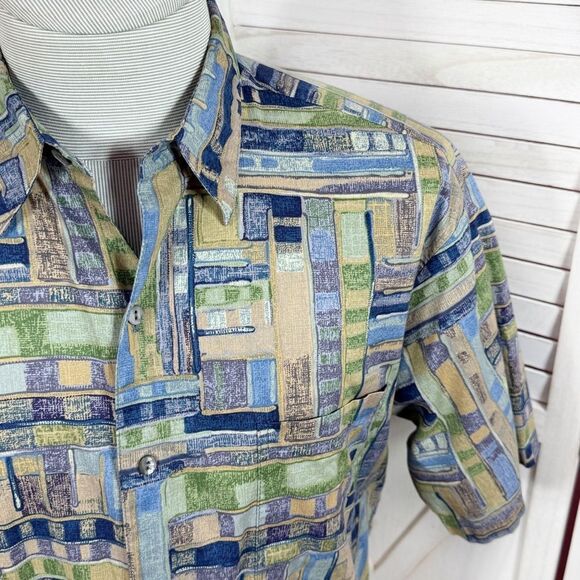 Tori Richard Geometric Print Button Up Camp Hawaiian Shirt Blue Green Tan Medium - Picture 5 of 11